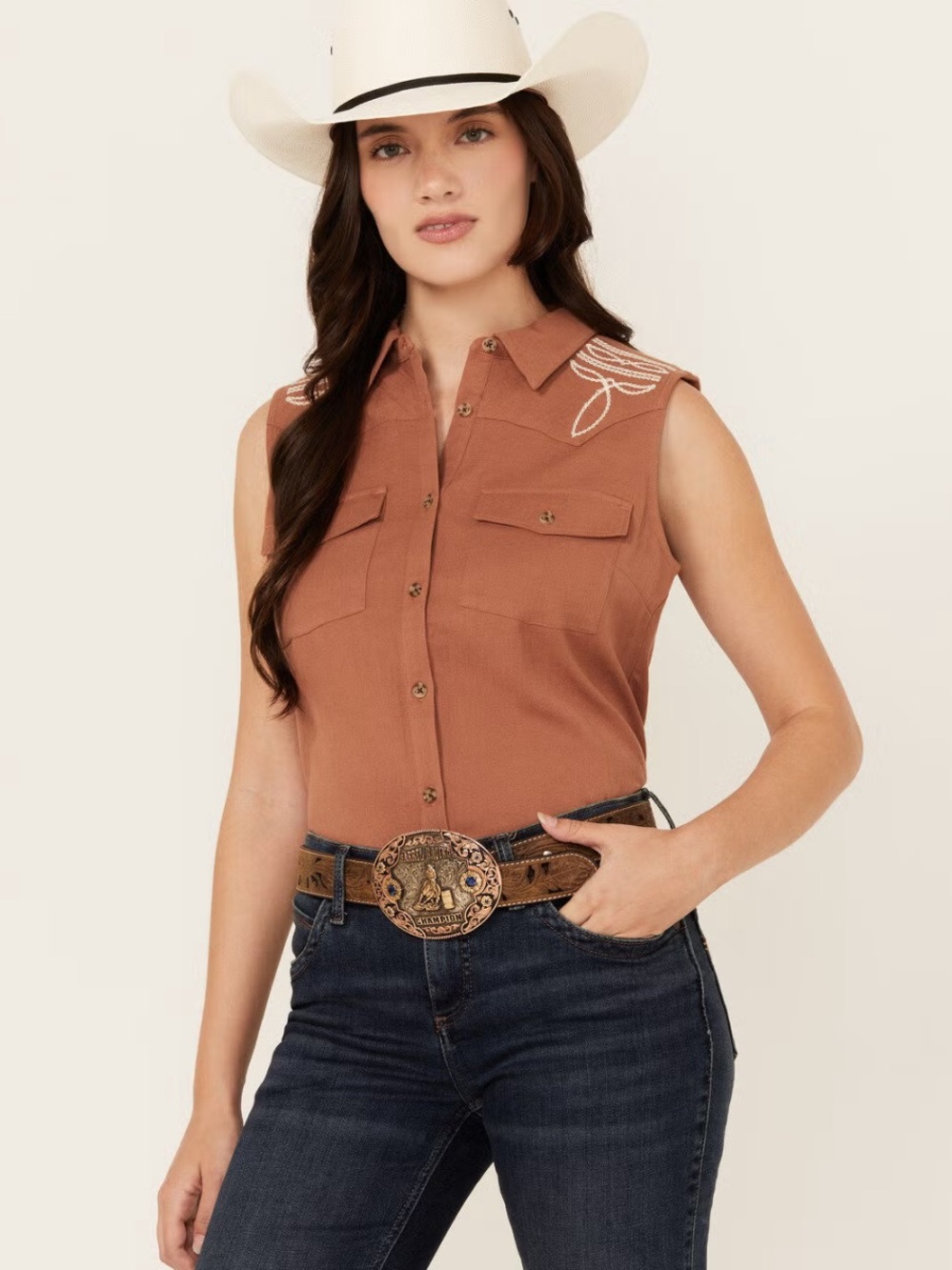 Shyanne Sleeveless Button-Down Western Top in Rust
